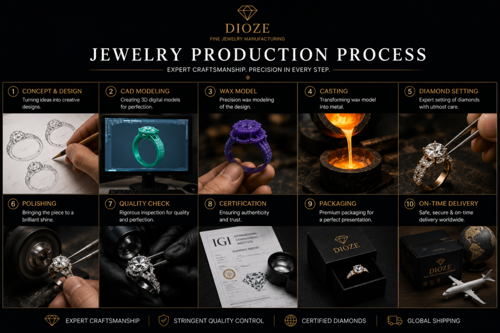 Luxury custom jewelry manufacturing process showing CAD design, diamond setting, polishing, quality control, and premium diamond jewelry production by DIOZE in Surat, India.