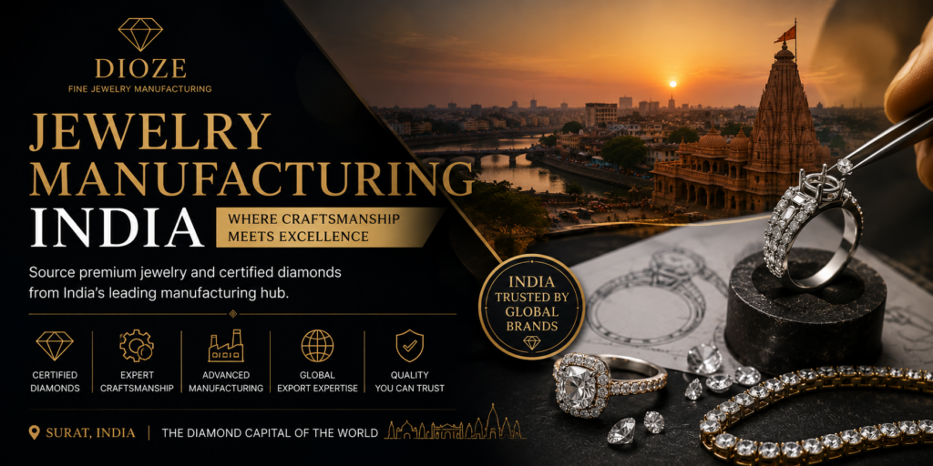 Professional diamond quality control process at DIOZE showing certified diamond inspection, 4C analysis, brilliance testing, jewelry quality checks, and precision craftsmanship in Surat, India.
